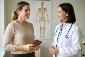 Mulher em consultório médico, aliviada, conversando sobre terapia hormonal.