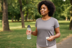 Mulher caminhando em um parque, vestindo roupa esportiva, segurando uma garrafa e fones de ouvido, com expressão serena.