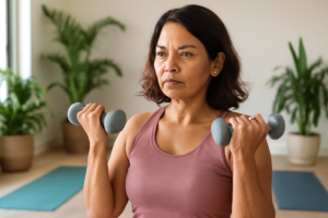 Mulher de roupa esportiva levantando pesos em uma sala de ginástica.