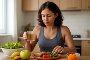 Mulher em traje de treino prepara alimentos saudáveis na cozinha, com expressão concentrada.