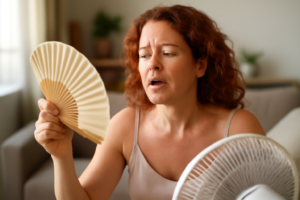 Mulher abanando-se com um leque perto de um ventilador, aparentando estar com calor.