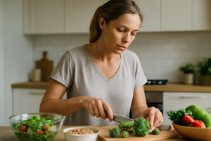 Mulher preparando alimentos frescos na cozinha de forma concentrada.